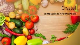  Presentation with round table - Amazing slide set having fresh organic vegetables on wooden table round composition with copy space backdrop and a gold colored foreground