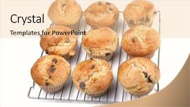  Presentation with chocolate chip - PPT theme featuring fresh out of the oven homemade banana chocolate chip muffins cooling on a wire rack background and a lemonade colored foreground