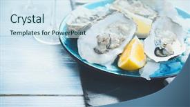  Presentation with food ice - Presentation consisting of fresh oysters close-up background and a sky blue colored foreground