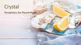  Presentation with dinner blue - Cool new slide set with fresh oysters close-up backdrop and a lemonade colored foreground
