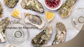  Presentation with sparkling wine - Theme consisting of fresh-oysters-with-glasses background and a coral colored foreground
