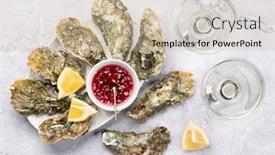  Presentation with sparkling wine - Slide set with fresh-oysters-with-glasses background and a mint green colored foreground