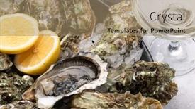  Presentation with sparkling wine - Presentation design with fresh-oysters-with-glasses background and a coral colored foreground