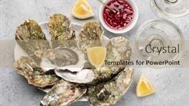  Presentation with sparkling wine - Presentation theme having fresh-oysters-with-glasses background and a coral colored foreground