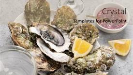  Presentation with sparkling wine - Presentation theme featuring fresh-oysters-with-glasses background and a coral colored foreground