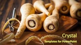  Presentation with sliced fresh papaya on wooden - Slides enhanced with fresh parsnip on wooden table background and a tawny brown colored foreground