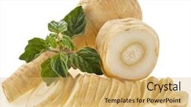  Presentation with fresh ginger root on white - Amazing PPT theme having fresh parsnip roots heap isolated backdrop and a  colored foreground