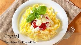 Presentation with pasta sauce - Presentation theme consisting of fresh pasta with tomato sauce parmesan and basil on a plate with fork background and a coral colored foreground