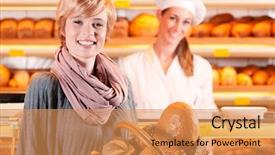  Presentation with female - Colorful slide deck enhanced with fresh pastries or bakery products backdrop and a  colored foreground