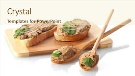  Presentation with bread - Audience pleasing slides consisting of fresh pate on bread on wooden board isolated on white backdrop and a cream colored foreground