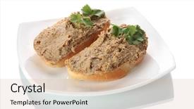  Presentation with bread - Presentation theme consisting of fresh pate on bread on white plate isolated on white background and a soft green colored foreground