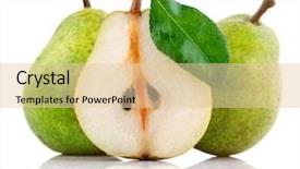  Presentation with pear - Presentation consisting of fresh pear fruits with cut and green leaves isolated on white background background and a lemonade colored foreground