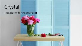  Presentation with peony - Colorful presentation theme enhanced with fresh peony bouquet on folding screen background backdrop and a light blue colored foreground