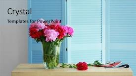  Presentation with peony - Presentation theme featuring fresh peony bouquet on folding screen background background and a light blue colored foreground