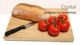  Presentation with vine - PPT layouts consisting of fresh picked vine ripened tomatoes and fresh baked french bread on a wooden cutting board with a knife isolated on white with room for your text background and a coral colored foreground
