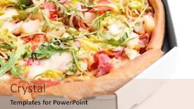  Presentation with box carton - Amazing PPT theme having fresh-pizza-in-carton-box backdrop and a coral colored foreground