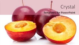  Presentation with white healthy food - Slides having fresh plum in cut fruity still life healthy food isolated on white background background and a coral colored foreground