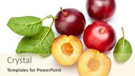  Presentation with green fresh food - Amazing presentation theme having fresh plum in cut with green leaf fruity still life healthy food isolated on white background backdrop and a blonde colored foreground