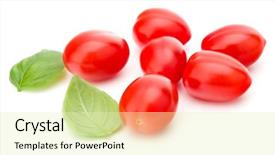  Presentation with water rain drop hanging on a fresh green leaf - Colorful presentation theme enhanced with fresh plum tomato with basil backdrop and a soft green colored foreground