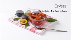  Presentation with preserved - Slides consisting of fresh plums and bowl of preserved plums on checkered dishtowel background and a white colored foreground