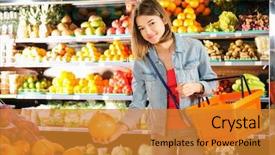  Presentation with beautiful fresh leaves water drops - PPT theme consisting of fresh pomelo fruit in supermarket background and a gold colored foreground