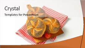  Presentation with seed - Amazing PPT theme having fresh poppy seed buns on wooden cutting board and checkered dishtowel backdrop and a sky blue colored foreground