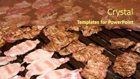  Presentation with fresh meat - Slides featuring fresh pork meat and sausages on the grill barbecue background and a tawny brown colored foreground