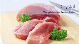  Presentation with fresh meat - Amazing PPT layouts having fresh pork meat on a cutting board backdrop and a sky blue colored foreground