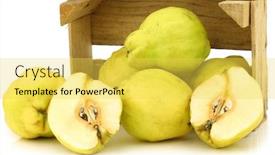  Presentation with cut - Slides with fresh quince fruits cydonia oblonga and a cut one in a wooden crate on a white background background and a yellow colored foreground