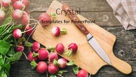  Presentation with vegetable cutting board - Slide deck with fresh radishes on old cutting board with knife healthy vegetable red radishes top view background and a coral colored foreground