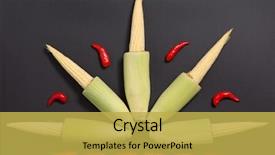  Presentation with corn cobs - Presentation design featuring fresh raw baby corn cobs with red non-stem chili peppers on gray background background and a yellow colored foreground