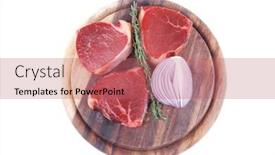  Presentation with thyme - PPT layouts having fresh raw beef fillet medallions with thyme twig on wooden plate isolated over white background background and a coral colored foreground