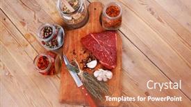  Presentation with wood board - Amazing PPT theme having fresh raw beef meat fillet flesh with peppercorn and thyme ready to grill on wood figured old style board over table with spices in glass backdrop and a coral colored foreground
