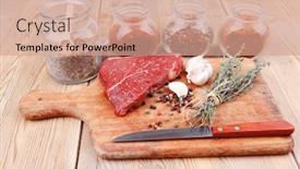  Presentation with wood board - Beautiful theme featuring fresh raw beef meat fillet flesh with peppercorn and thyme ready to grill on wood figured old style board over table with spices in glass backdrop and a coral colored foreground