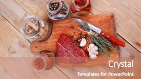  Presentation with wood board - Slides having fresh raw beef meat fillet flesh with peppercorn and thyme ready to grill on wood figured old style board over table with spices in glass background and a coral colored foreground