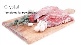  Presentation with wood board - Beautiful PPT layouts featuring fresh raw beef meat fillet flesh with peppercorn and thyme ready to grill on wood figured old style board isolated over white background backdrop and a white colored foreground