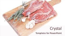  Presentation with wood board - Presentation with fresh raw beef meat fillet flesh with peppercorn and thyme ready to grill on wood figured old style board isolated over white background background and a sky blue colored foreground