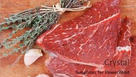  Presentation with meat beef - Beautiful slide deck featuring fresh raw beef meat fillet flesh with peppercorn and thyme ready to grill on wood figured old style board isolated over white background backdrop and a red colored foreground