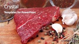  Presentation with wood board - Presentation theme enhanced with fresh raw beef meat fillet background and a tawny brown colored foreground