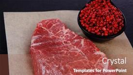  Presentation with marble pink - PPT theme featuring fresh raw beef meat marble steak on paper with saucer full pink peppercorn spice over black wooden table background and a red colored foreground