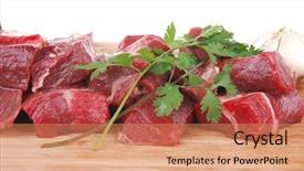  Presentation with raw meat - PPT theme enhanced with fresh raw beef meat slices over a wooden board with dill green and red hot peppers isolated over white background background and a coral colored foreground