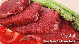  Presentation with fresh meat - Slide deck with fresh raw beef meat steak fillet on wooden plate with asparagus and tomatoes ready to prepare isolated over white background background and a crimson colored foreground