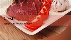  Presentation with fresh meat - Colorful PPT theme enhanced with fresh raw beef meat steak fillet on wooden plate with asparagus and tomatoes ready to prepare backdrop and a red colored foreground