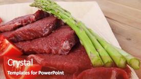  Presentation with fresh meat - Colorful slide set enhanced with fresh raw beef meat steak fillet on wooden plate with asparagus and tomatoes ready to prepare backdrop and a crimson colored foreground