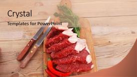  Presentation with stainless steel - Cool new presentation with fresh raw beef meat steak's on wooden cut board over wooden table with dill and stainless steel knife backdrop and a lemonade colored foreground