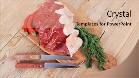  Presentation with stainless steel - Presentation design with fresh raw beef meat steak's on wooden cut board over wooden table with dill and stainless steel knife background and a lemonade colored foreground