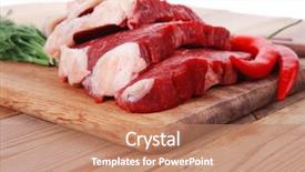  Presentation with stainless steel - Amazing slide set having fresh raw beef meat steak's on wooden cut board over wooden table with dill and stainless steel knife backdrop and a coral colored foreground