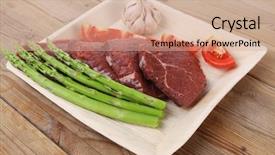 Presentation with fresh meat - Presentation theme consisting of fresh raw beef meat steak fillet on wooden plate with asparagus and tomatoes ready to prepare background and a coral colored foreground