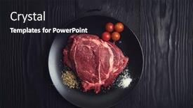  Presentation with fresh meat - Audience pleasing PPT theme consisting of fresh raw beef meat steaks in the black plate with spices on black wooden background backdrop and a dark gray colored foreground