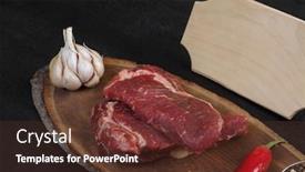  Presentation with name plate - Slide set enhanced with fresh raw beef piece fillet on middle size wooden plate with pepper and peppercorns in measuring spoon with name plate space for text on black background background and a tawny brown colored foreground